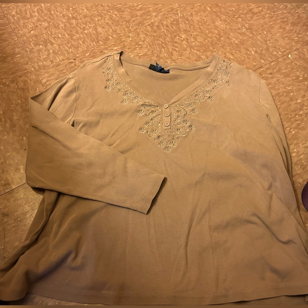 Karen Scott Tan Embellished 3/4 Sleeve Blouse